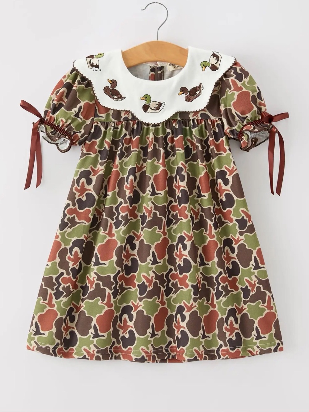 Kids Duck-Appliqué Collar Dress in Olive, Brown and Rust